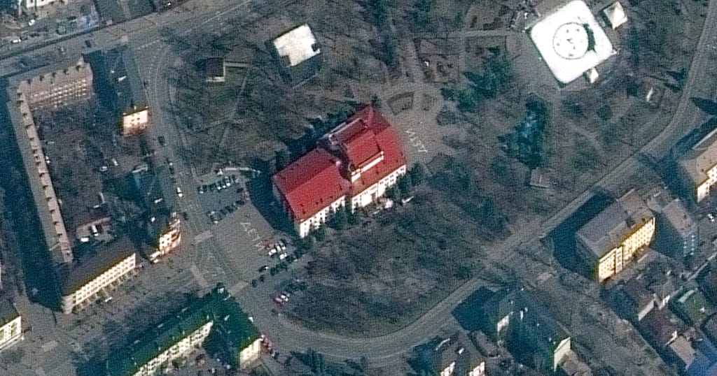 Shelter for Ukrainian children that was bombed despite the word children spelled out in the front and back which is clearly visible from the air.